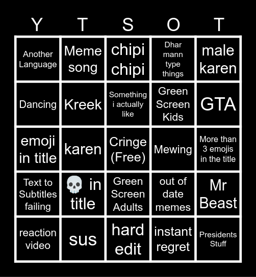 yt shorts bingo Card