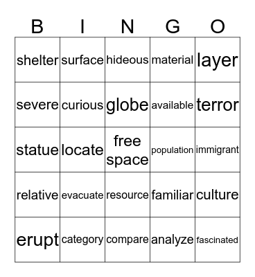 Vocabulary Bingo Card