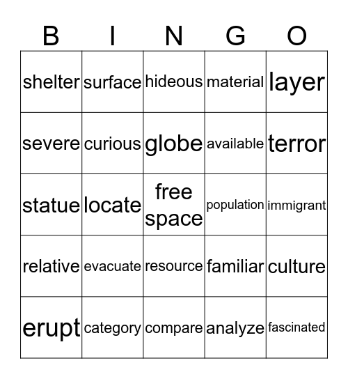 Vocabulary Bingo Card