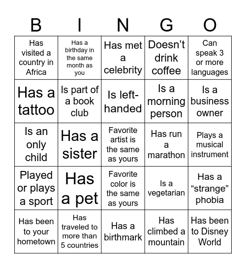Get To Know You Bingo Card