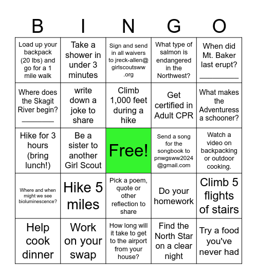 Be Prepared Bingo Card