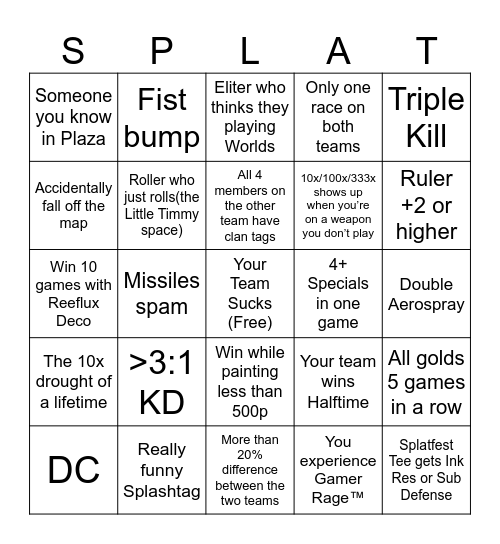 Splatfest Bingo Card