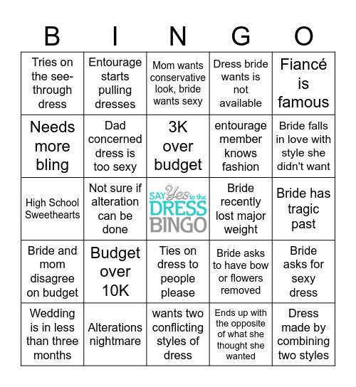 Maddie's Say Yes to the Dress Bingo Party Bingo Card