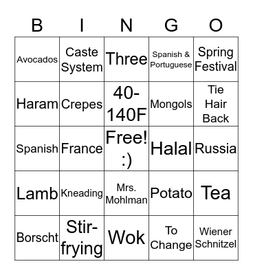 Multi Cultural Foods Bingo Card