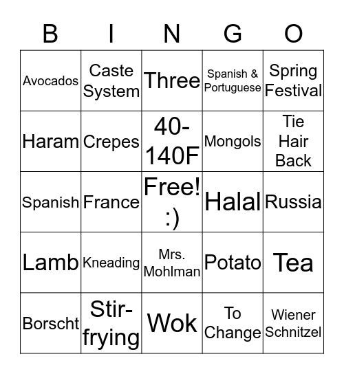 Multi Cultural Foods Bingo Card