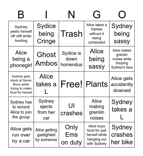 The day in the life of Sydice Bingo Card