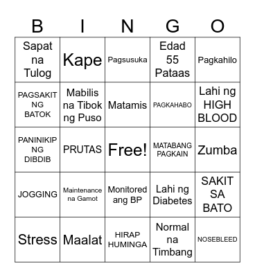 Hypertension Bingo Card