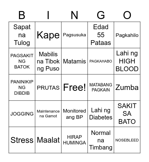 Hypertension Bingo Card