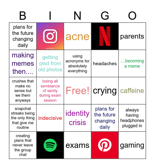 struggling teenager bingo <3 Bingo Card