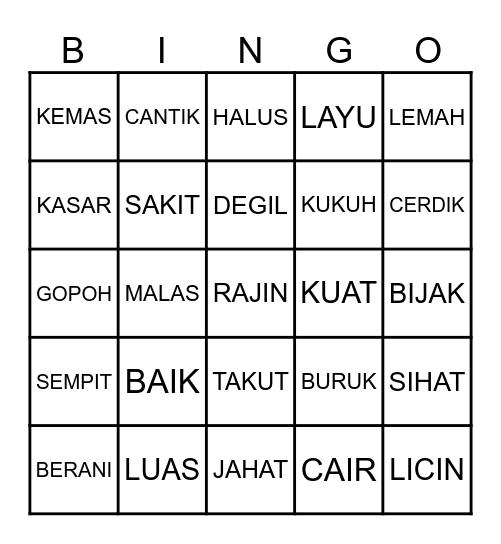 KATA ADJEKTIF: SIFAT / KEADAAN Bingo Card