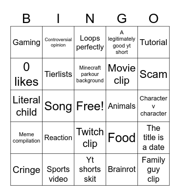 YouTube shorts Bingo Card