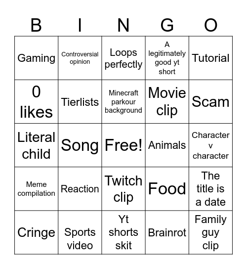 YouTube shorts Bingo Card
