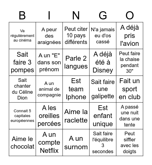 Bingo pour faire connaissance Bingo Card