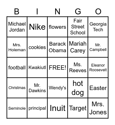 Capitalization Bingo Card