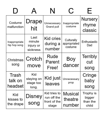 Dance Show Bingo Card