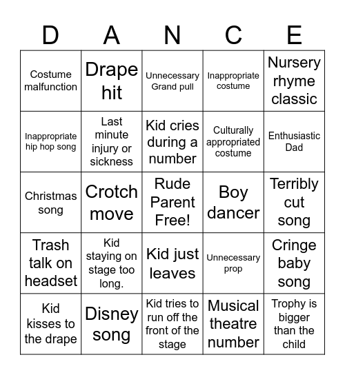 Dance Show Bingo Card