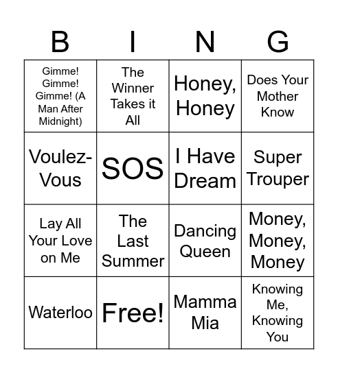 Mamma Mia BINGO Card