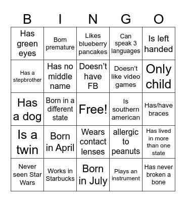 Get to know me! Bingo Card