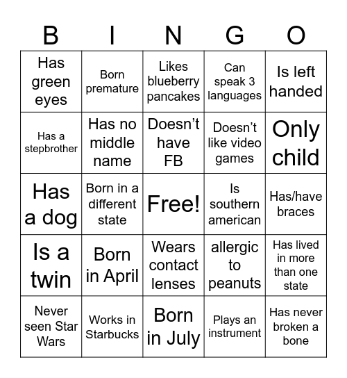 Get to know me! Bingo Card