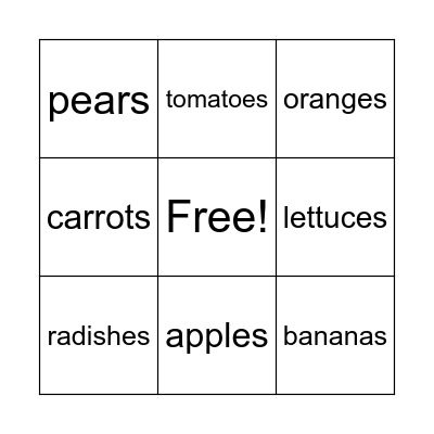 FRUITS AND VEGETABLES Bingo Card