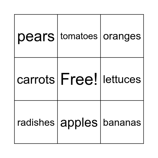 FRUITS AND VEGETABLES Bingo Card