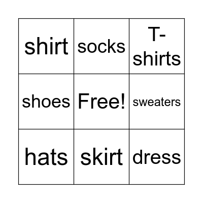CLOTHES Bingo Card