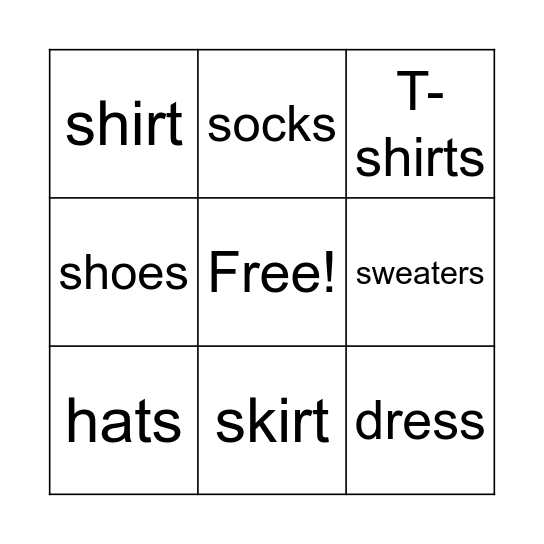 CLOTHES Bingo Card