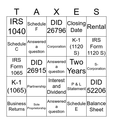Tax Return Bingo Card