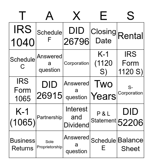 Tax Return Bingo Card