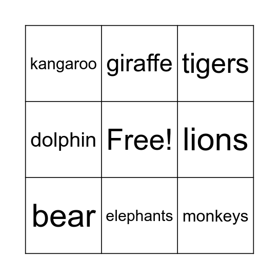 ZOO ANIMALS Bingo Card