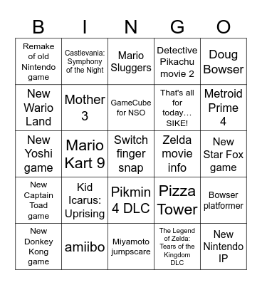 Nintendo Direct Bingo Card