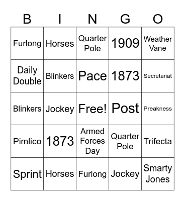 Preakness Stakes Bingo Card