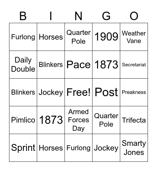 Preakness Stakes Bingo Card