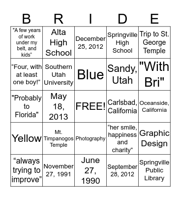 Bride Bingo Card