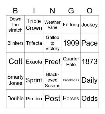 Preakness Stakes Bingo Card