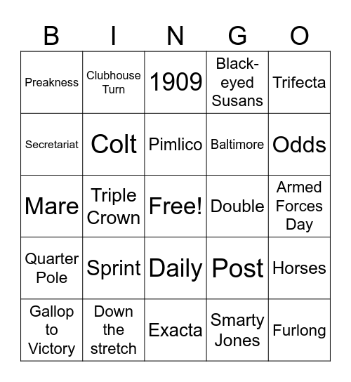 Preakness Stakes Bingo Card