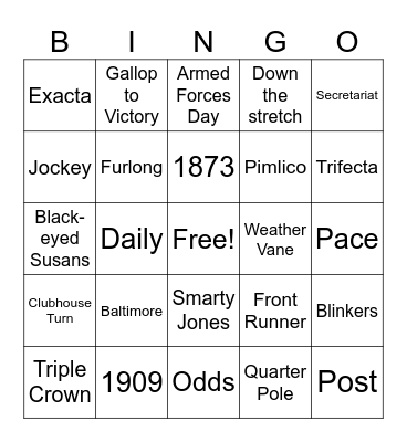 Preakness Stakes Bingo Card