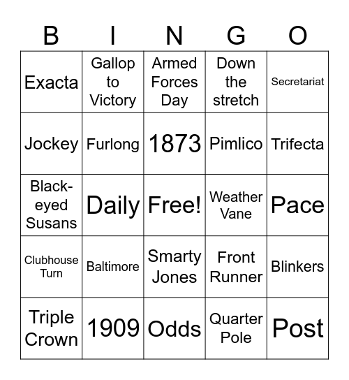 Preakness Stakes Bingo Card