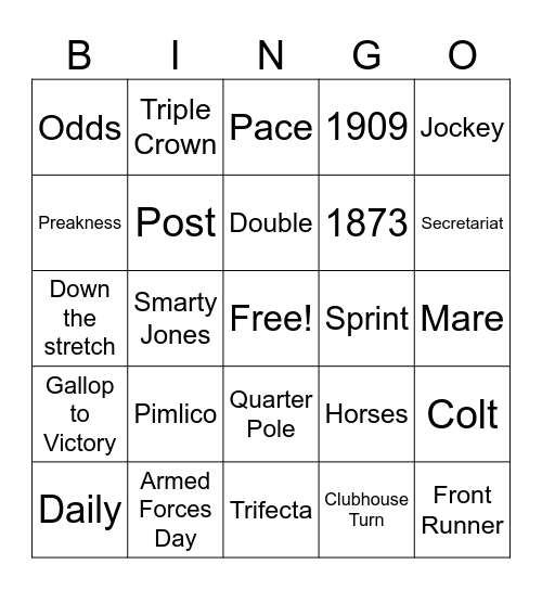 Preakness Stakes Bingo Card