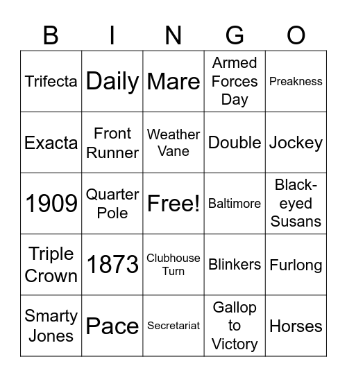 Preakness Stakes Bingo Card