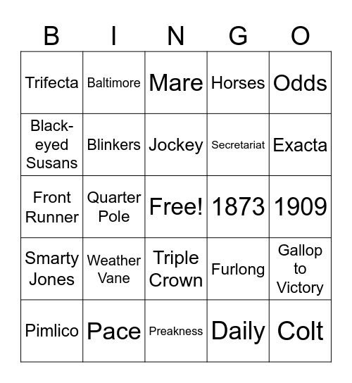 Preakness Stakes Bingo Card