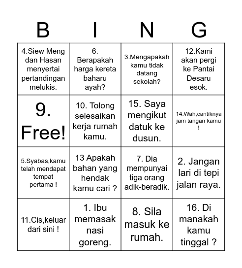 Baca dan Nyatakan Jenis Ayat Bingo Card