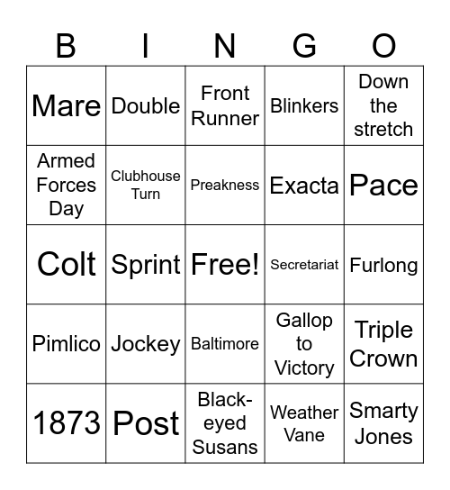 Preakness Stakes Bingo Card