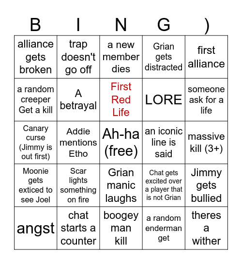 🟩🟨🟥 LAST LIFE C-aha -rd 🟩🟨🟥 Bingo Card