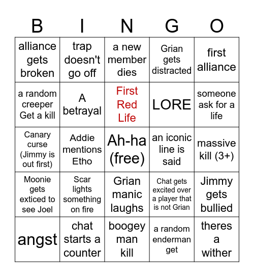 LAST LIFE C-aha -rd 🟩🟨🟥 Bingo Card