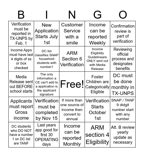 Eligibility / Verification  Bingo Card