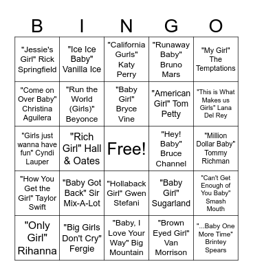 Songs with Girl or Baby in the Title Bingo Card