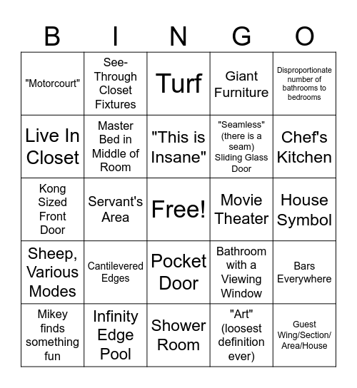 Rich People House Bingo Card