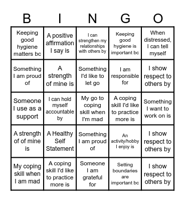 Recovery Bingo Card