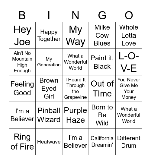 60's Music! Bingo Card